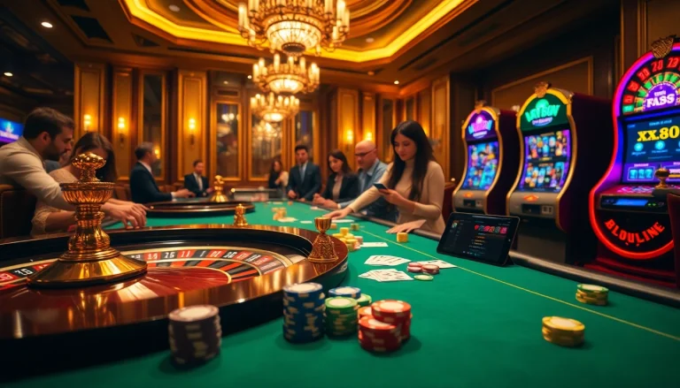xx88 players enjoying an exquisite casino atmosphere with roulette and poker tables.