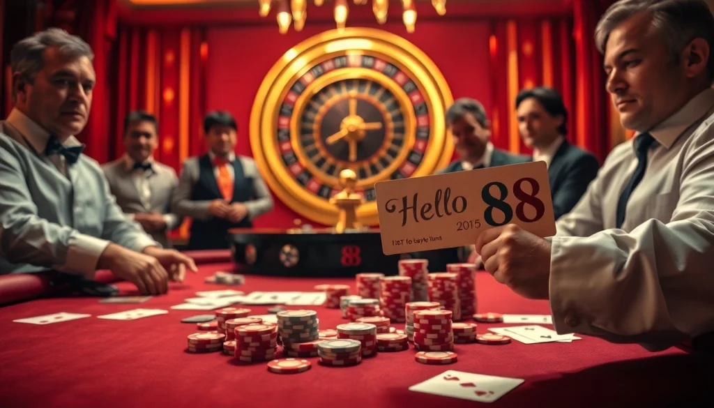 Gambling excitement at Hello88 with casino table, poker chips, and roulette wheel.