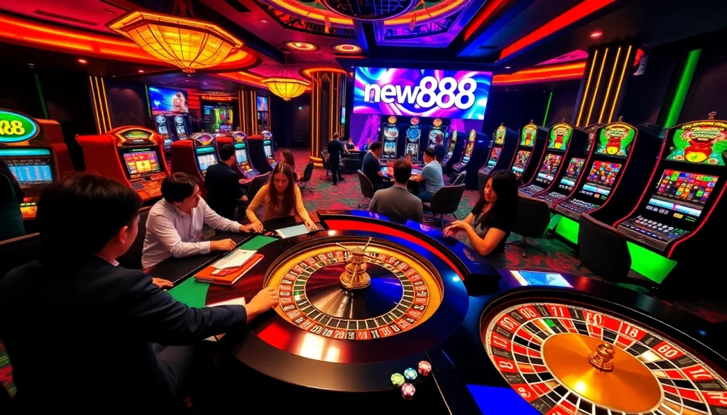 Experience the thrill of new888 gaming at a bustling casino table with players and vibrant atmosphere.