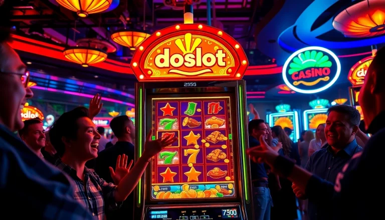Exciting scene of players enjoying the doaslot slot machine with vibrant colors and high energy.