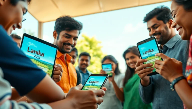 Lanka Ad platform showcasing diverse users engaging with vibrant ads on digital devices.