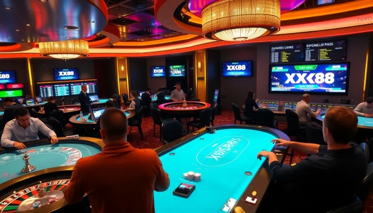 Players enjoy an exciting betting experience at XX88 casino, featuring poker and roulette tables.
