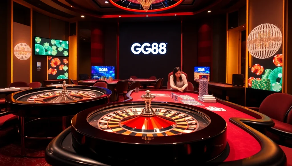 Experience the thrill of gambling at GG88 with vibrant casino tables and colorful chips.