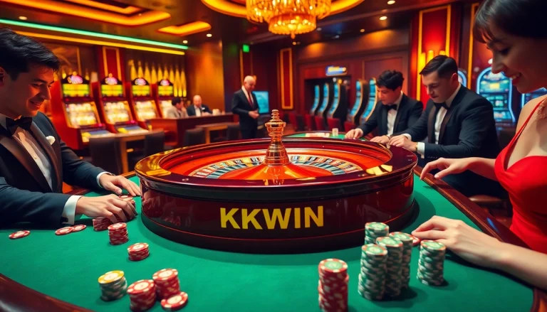 Excited players enjoy a vibrant KKWIN roulette table in a luxurious casino setting.