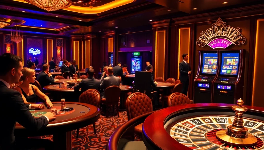 High-stakes gaming at 6L777 CLUB with excited players at poker tables and roulette wheels.