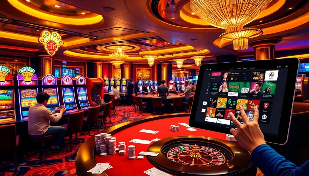 Adegan kasino yang seru menampilkan pemain di meja permainan dan mesin slot, terinspirasi oleh https://kingarthurcafe.com/menu.