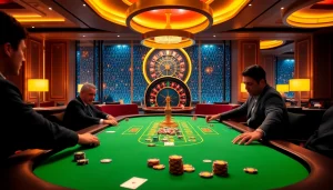 Players enjoying S8 poker at a luxurious casino table with vibrant chips and cards.