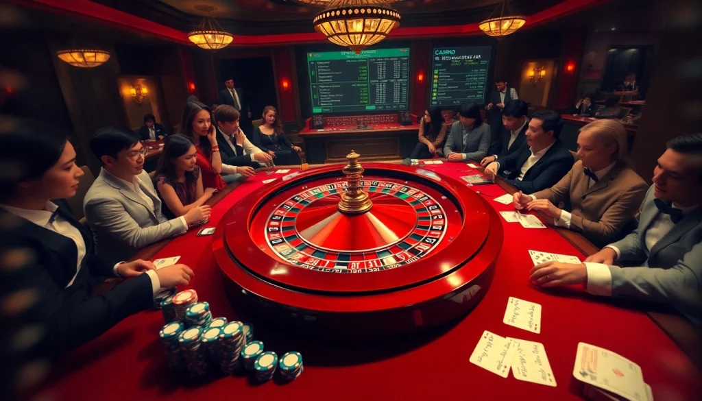 Exciting casino scene with roulette wheel and gaming tables featuring s8 elements for gamblers.