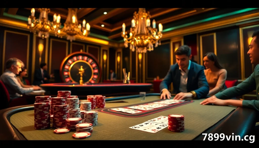 Exciting poker scene showcasing action at 789win.gg with chips, cards, and roulette wheel.