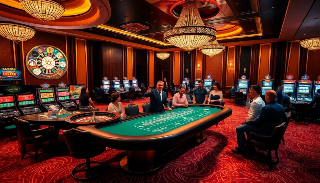 שחקנים נהנים מההימור שלהם סביב שולחן פוקר יוקרתי בקזינו, כשמולכם מכונות מזל צבעוניות.