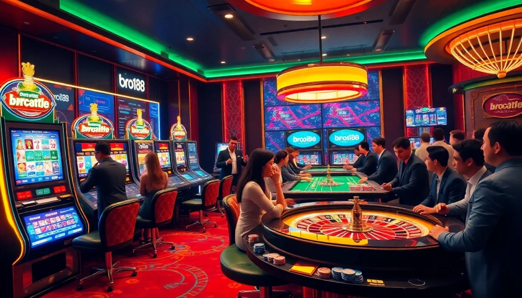 Experience thrilling gambling with bro138 at a luxurious casino featuring vibrant slot machines and excited players.