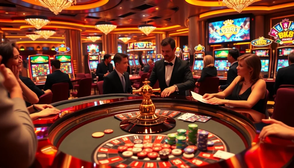 Experience vibrant bk8 สล็อต gaming action at a luxurious casino table with joyful players and dealers.