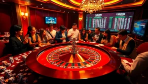 Experience the thrill of betting at Helloo88 with an elegant casino scene featuring roulette, poker chips, and excited gamblers.