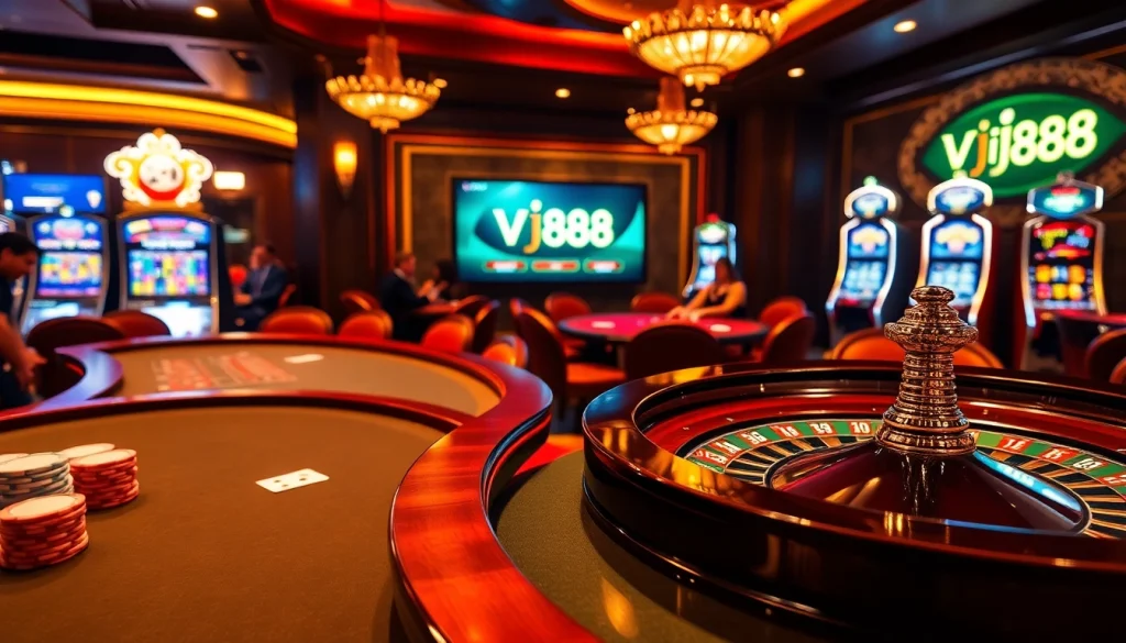 Engaging gamblers at VJ88.online with vibrant casino tables, playing cards, and slot machines.