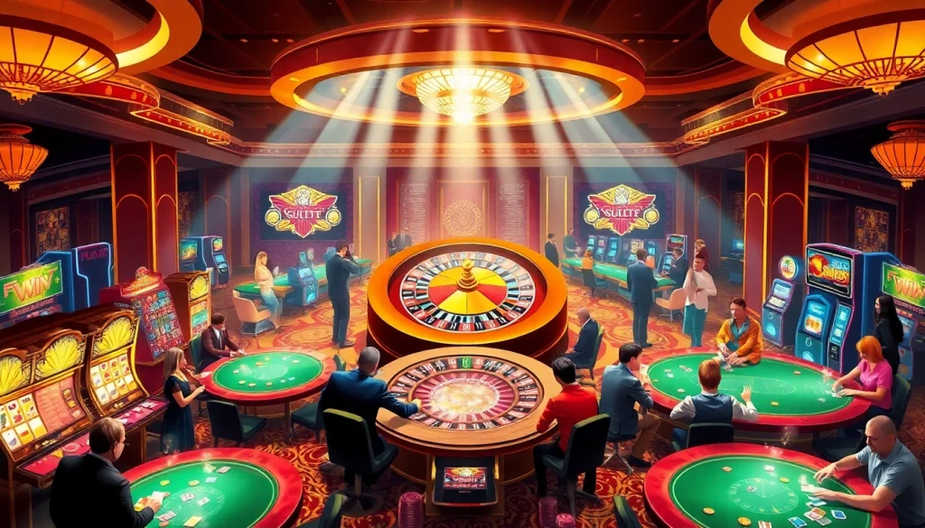 Exciting gaming atmosphere at iwin.cn.com with roulette, poker, and slot machines.