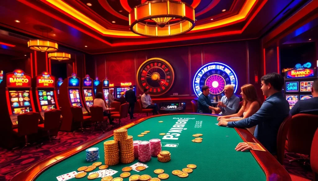 A vibrant casino scene showcasing gambling excitement with the PlayBracco promo code and colorful chips.