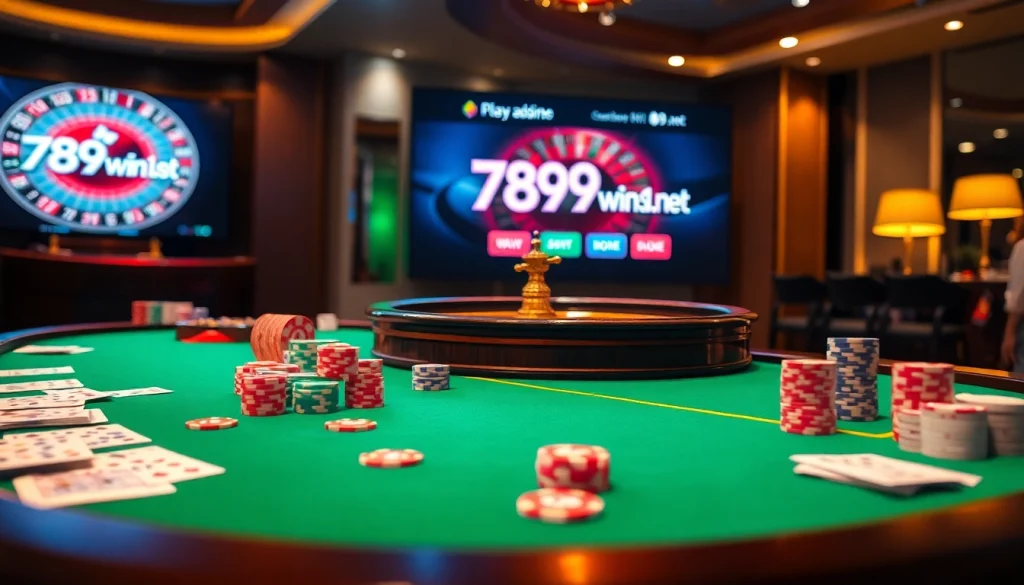 Gambling excitement at 789wins1.net with poker chips, cards, and a roulette wheel.