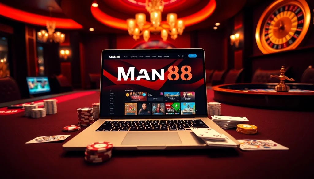 Experience the thrill of gambling at Man88 with vibrant casino visuals featuring poker chips and a roulette wheel.