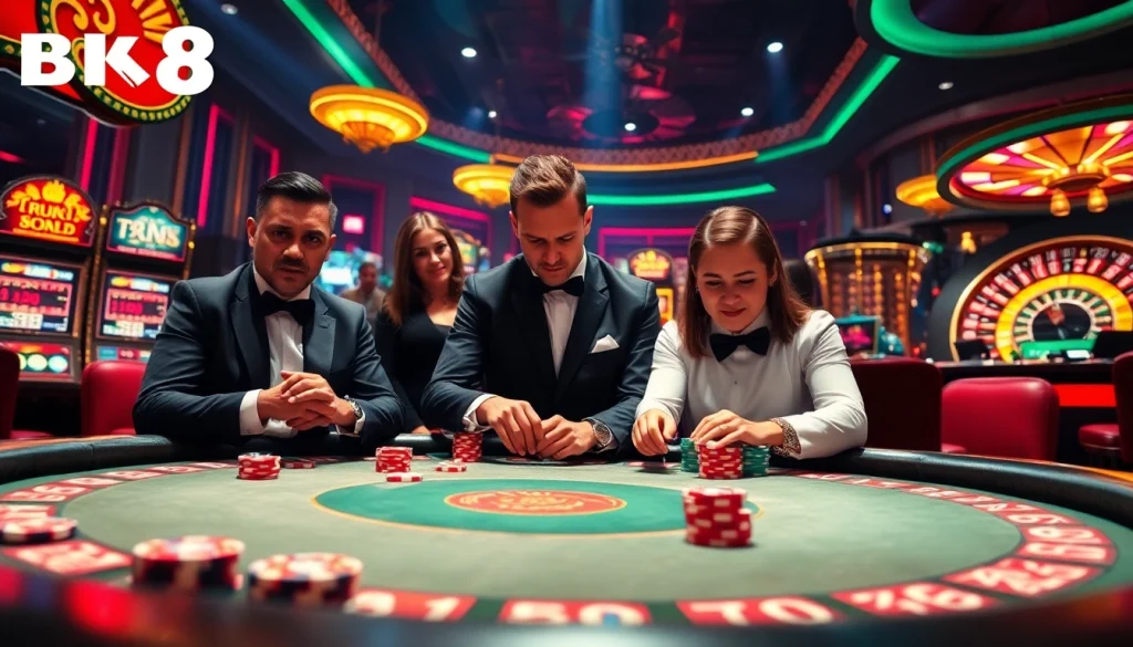 Experience thrilling action at BK8 เว็บตรง casino with players engaged in intense poker games and vibrant slot machines.