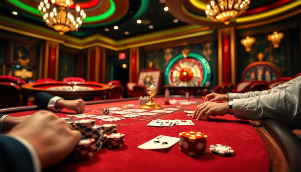 B52club gaming scene showcasing poker chips, cards, and roulette in a luxurious casino environment.