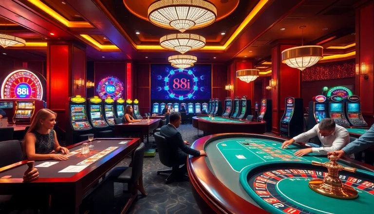 A dynamic casino scene showcasing players at 88i online games, enjoying poker and slot machines.
