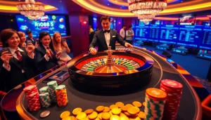 Experience thrilling gameplay at https://rr88sn.com/ with a vibrant casino scene of roulette and excited players.