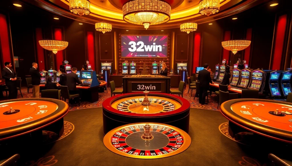 Excited players engage in gaming at a luxury casino showcasing 32win promotions.