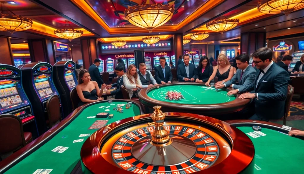 An engaging view of 8s casino with excited players at roulette and poker tables, showcasing vibrant casino energy.