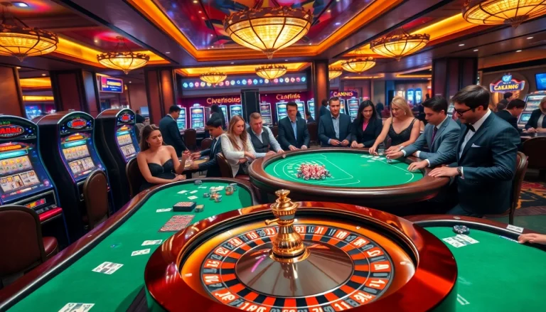 An engaging view of 8s casino with excited players at roulette and poker tables, showcasing vibrant casino energy.