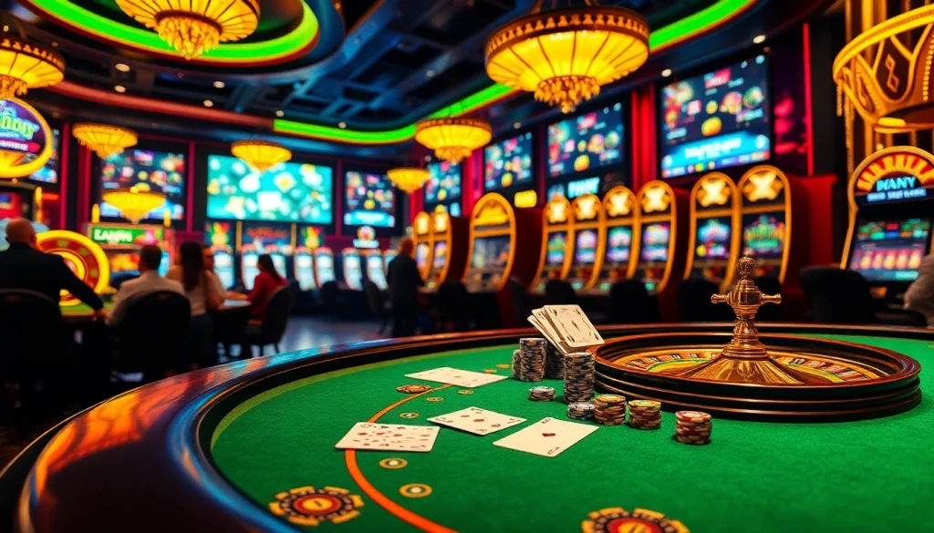 Pengalaman bermain yang menarik di kasino Datukwin dengan meja poker yang penuh warna dan roda roulette.