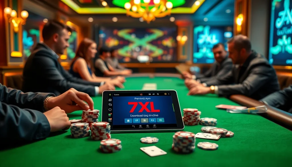 התרגשו מההימורים עם אפליקציית ההורדה של 7xl המוצגת על שולחן פוקר מעוצב.