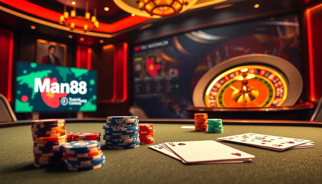Experience the thrill of Man88 as players engage in live casino games with vibrant table settings and high stakes.