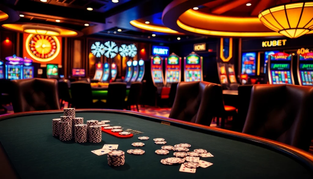 KUBET casino scene with poker table, chips, and roulette wheel showcasing excitement and luxury.