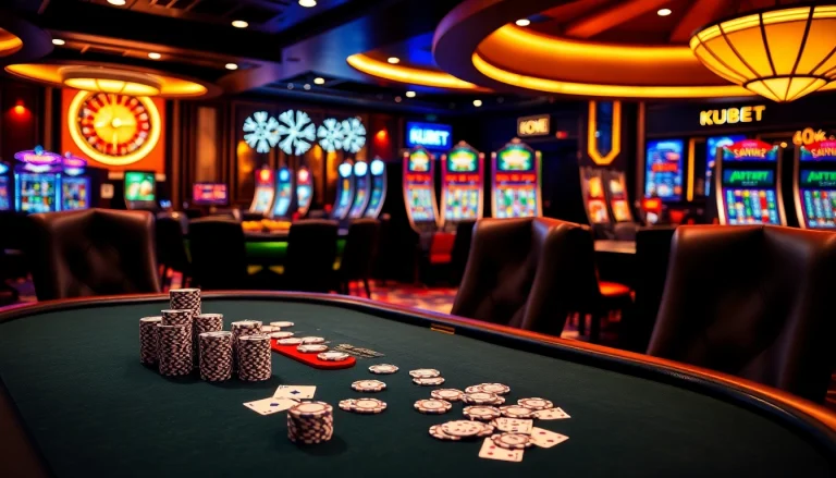 KUBET casino scene with poker table, chips, and roulette wheel showcasing excitement and luxury.