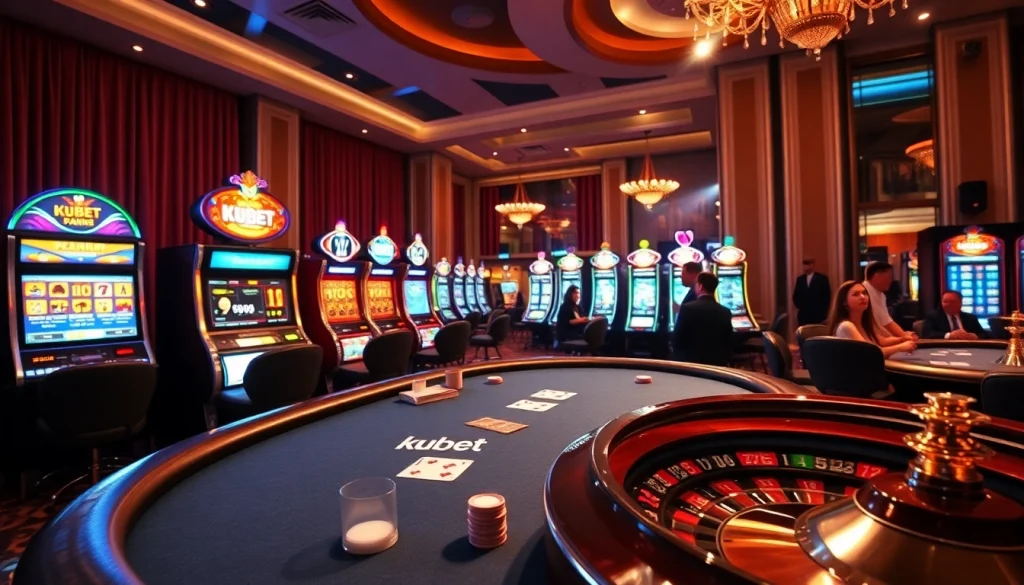 Kubet players engaging at a high-stakes poker table, showcasing luxury and excitement in a casino atmosphere.