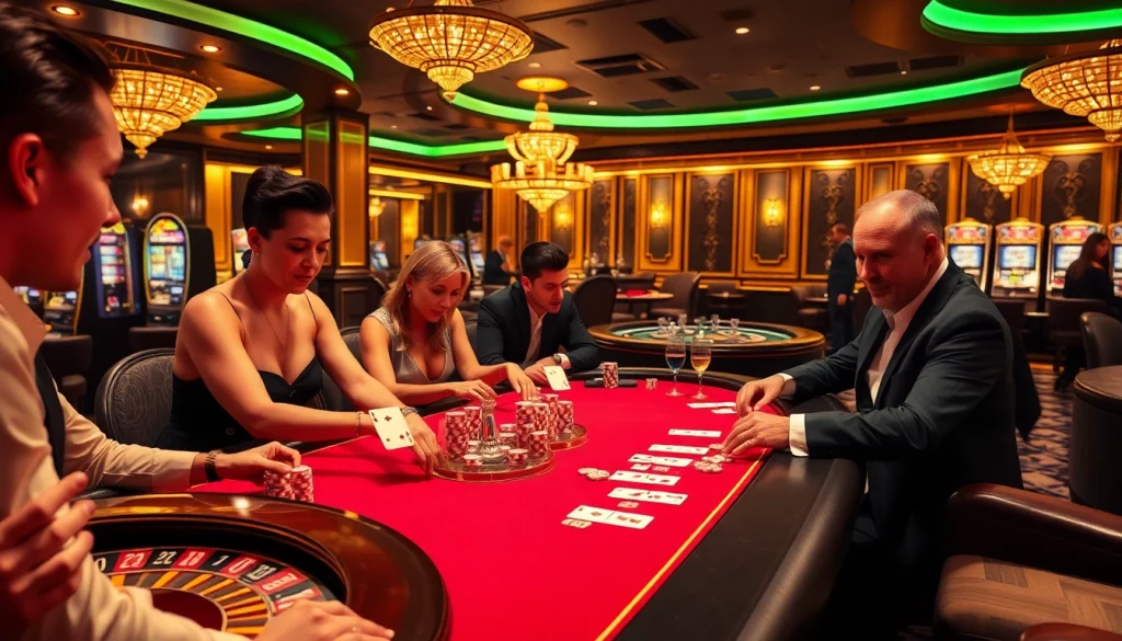 Exciting gameplay at B52club's glamorous casino, showcasing vibrant poker tables and thrilling roulette action.