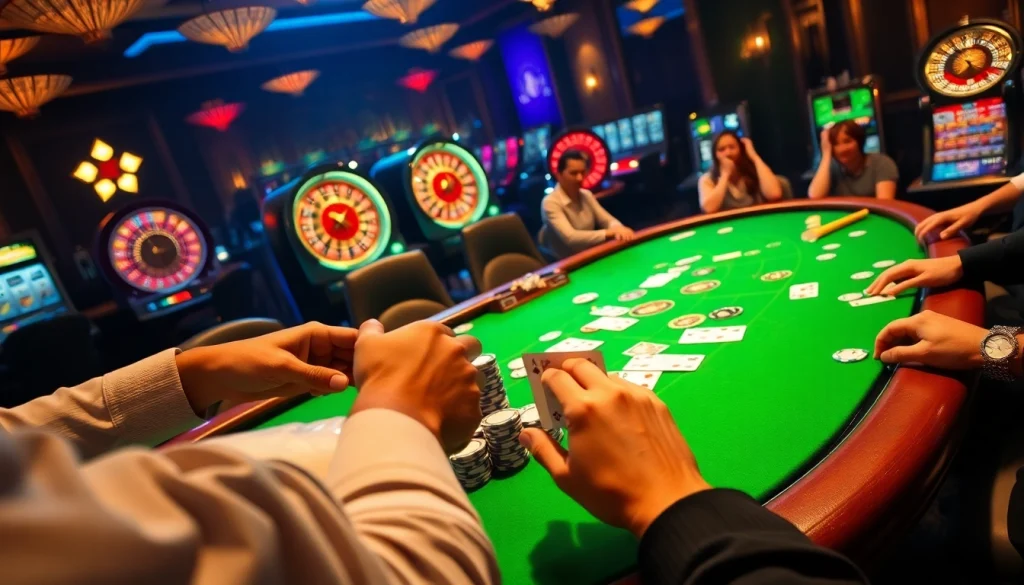 Gamblers engaging at a poker table, showcasing excitement and strategy in luck8's vibrant casino scene.
