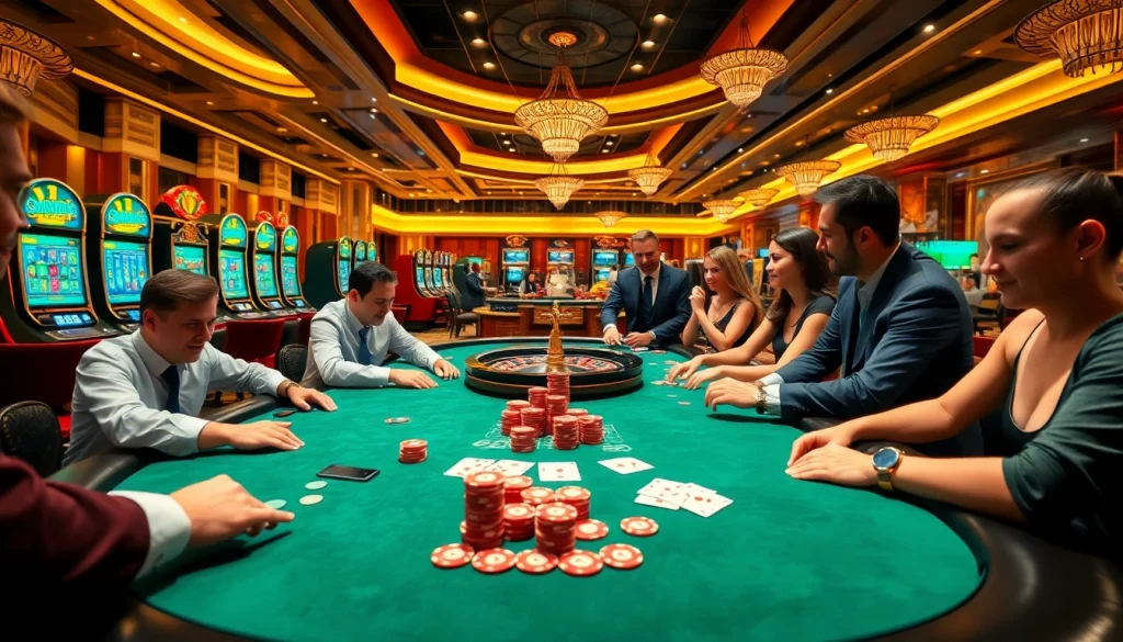 Engaging gamblers at https://fun793.org/ enjoying luxury casino games with poker chips and slot machines.