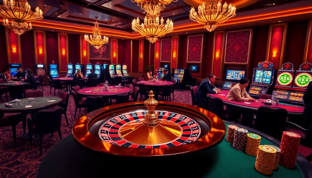 Experience the thrill of 6RWIN55 COM with a luxurious casino setting featuring roulette and poker.