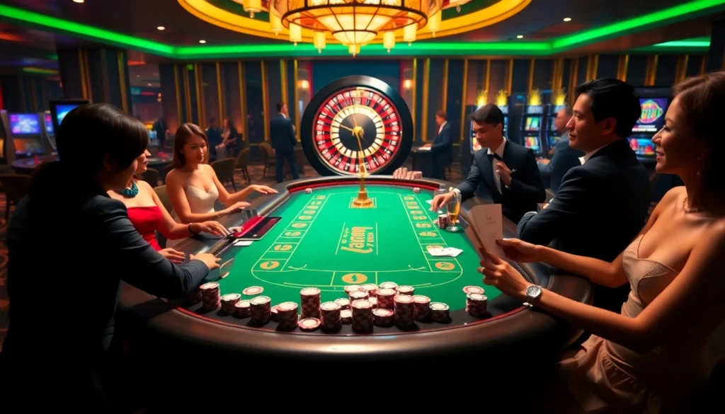 Bem88 players engaging in vibrant casino games at a luxurious table with colorful lights.