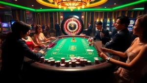 Bem88 players engaging in vibrant casino games at a luxurious table with colorful lights.