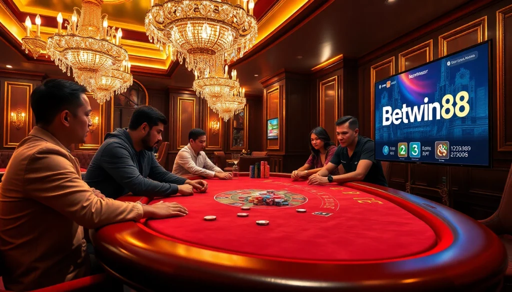 Engage with the excitement of Betwin88 at a luxurious poker table featuring vivid casino elements.