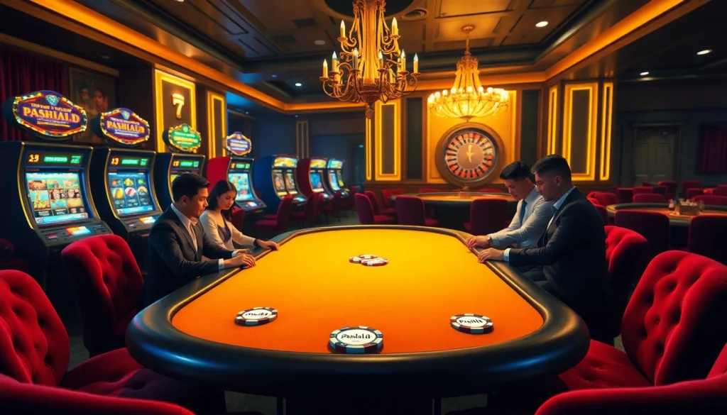 Pahala4D players engaging at a luxurious poker table surrounded by vibrant casino visuals.