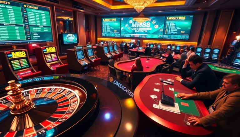 Betting on MM88 Observer with vibrant casino action at the roulette and poker tables.