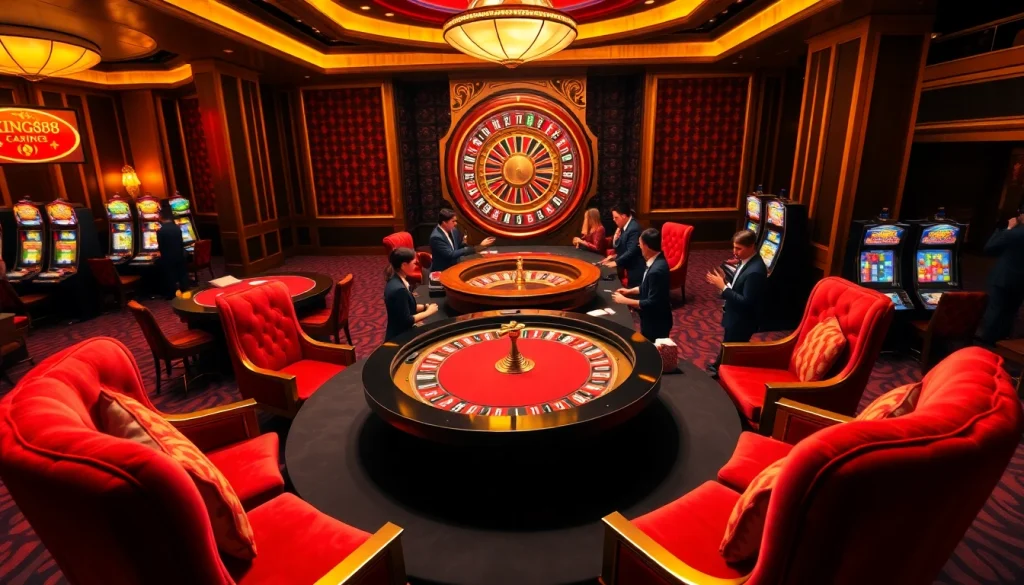 Experience the excitement of king88 as players engage in high-stakes poker and roulette at a luxury casino.