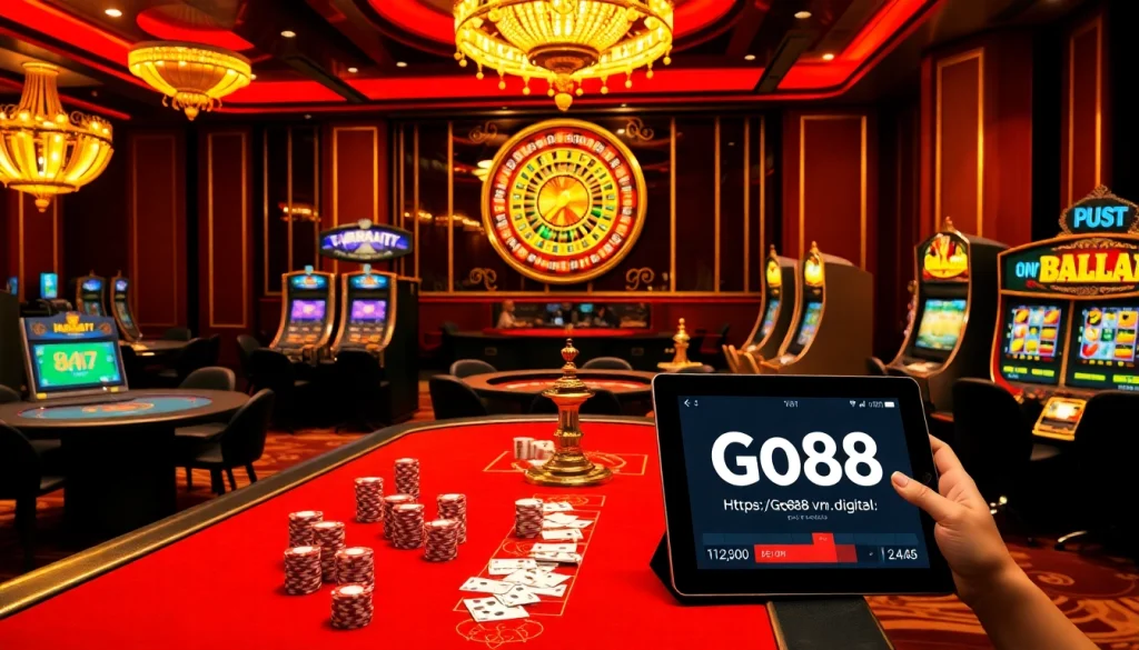 Engaging scene of a vibrant casino with tables and gaming elements from https://go88vn.digital/ showcasing excitement and luxury.