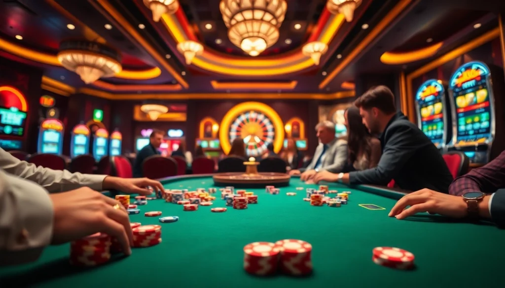 A dynamic poker scene featuring players and colorful chips, highlighting https://vj88.com/ casino excitement.