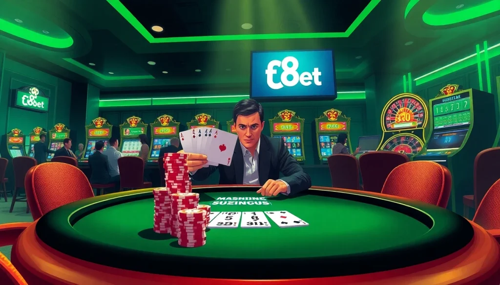 F8bet players enjoying an exciting poker game in a luxurious casino atmosphere.