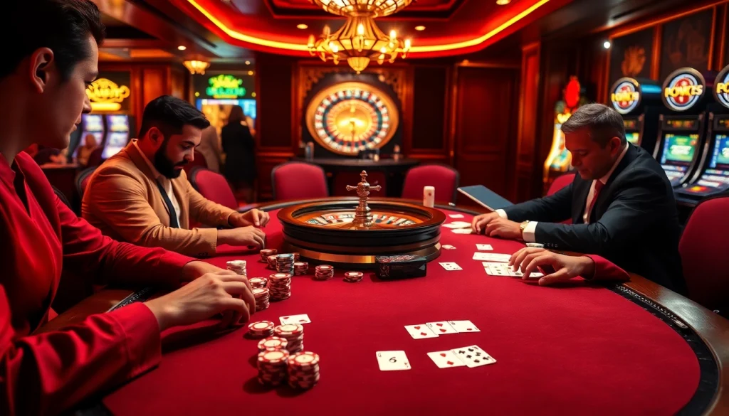 Engage with the thrilling atmosphere of okking com as players strategize at a luxurious casino poker table.