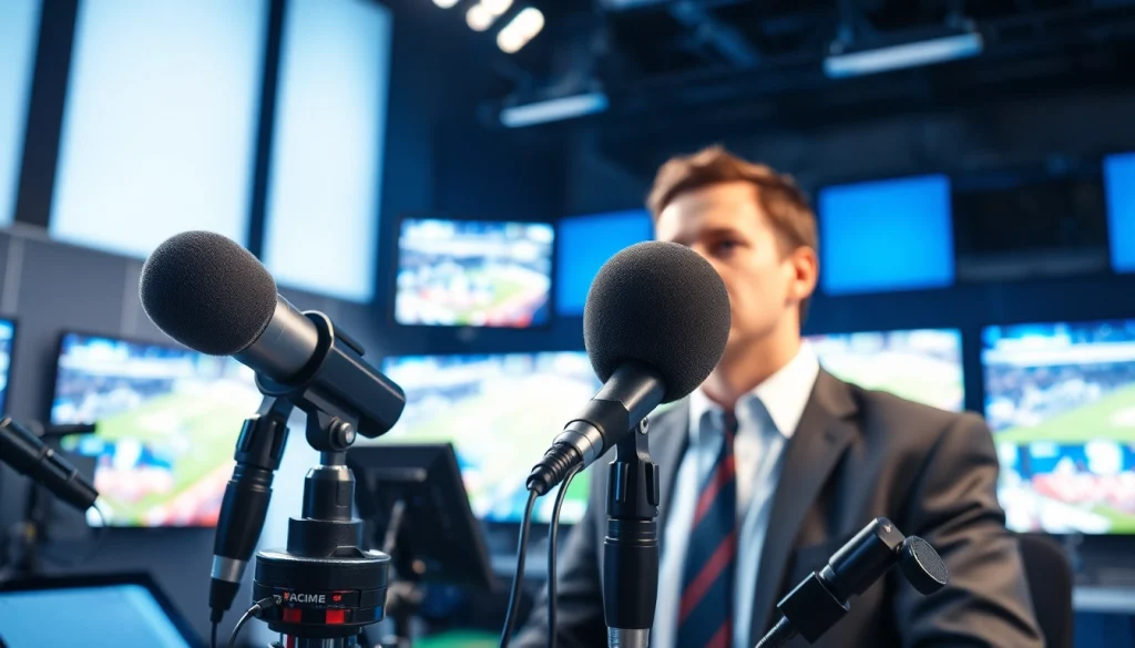 Engaging scene of sports broadcasting, showcasing high-tech equipment and an energetic atmosphere.